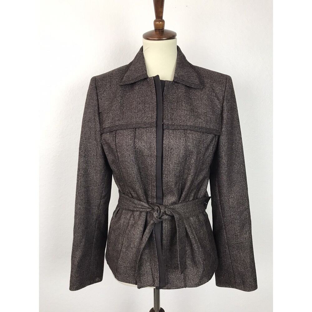 Albert Nipon Blazer Women 8 Jacket Belted Single Breast Tweed Brown